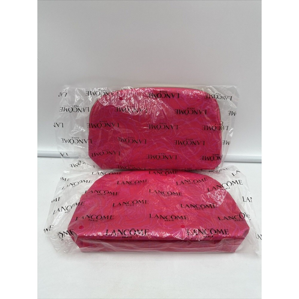 Lot Of 2 Lancome Paris Cosmetic Makeup Zipper Pouch Bag Pink rose design New